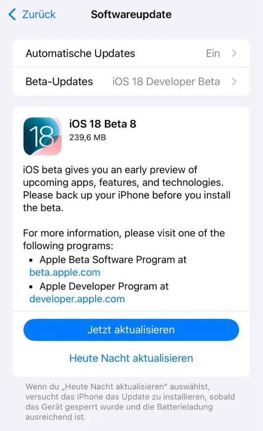 濉溪苹果手机维修分享苹果 iOS / iPadOS 18 开发者预览版 Beta 8 发布 